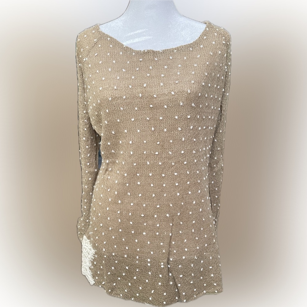 Areve Tan and White Crew Neck Sweater with Polka Dots